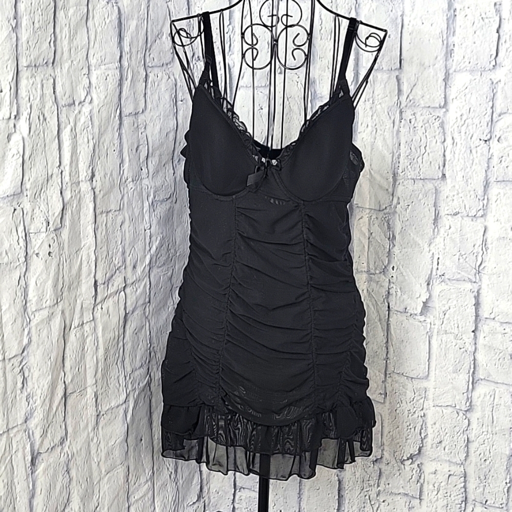 Frederick’s of Hollywood Black Ruched Lace Chemise Lingerie Large